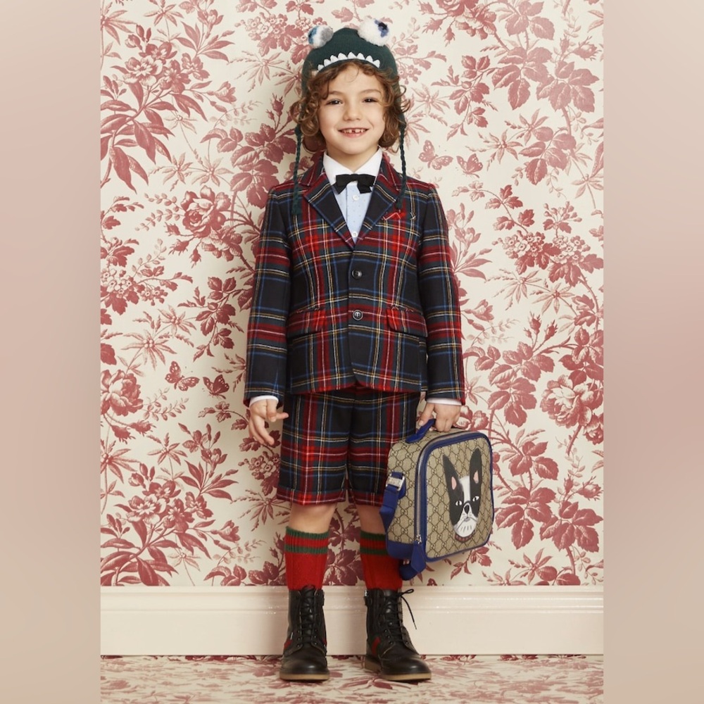GUCCI Kids Elementary Tartan Blazer Jacket Size 6 Red Black Green Yellow Plaid - Picture 1 of 15